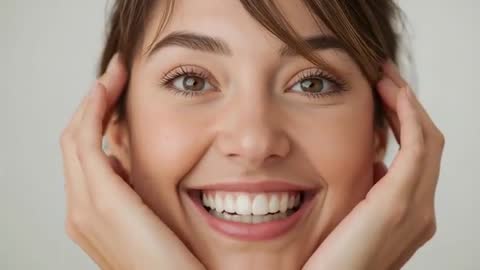 Smiling woman holding face while camera starts recording, radiant closeup headshot video