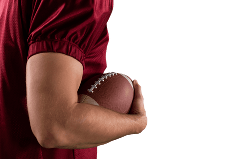 Athlete holding rugby ball on isolated transparent background