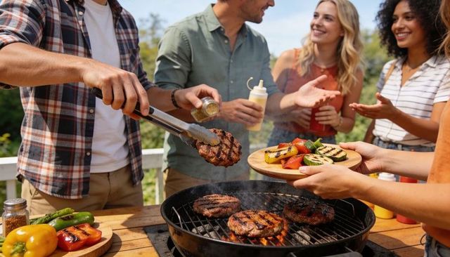 Friends grilling burgers on sunny deck serving grilled vegetables and chatting enjoying summer cooko