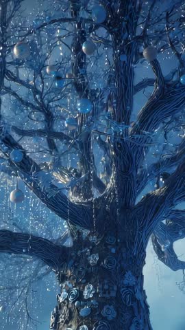 Cinematic tilt-up on ornate sculpted tree with ornaments and cascading droplets at dusk