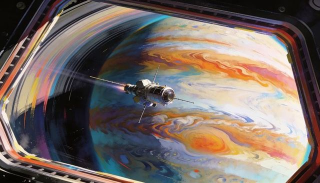 Drifting probe emitting thruster plume revealing ringed gas giant with colorful storm