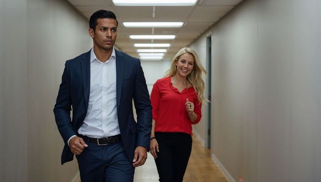 Confident professionals walking office corridor in navy suit and red blouse, minimal workplace