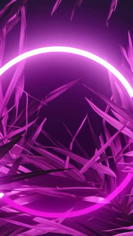 Neon ring fading in and rotating clockwise amid glowing purple leaves in dark void