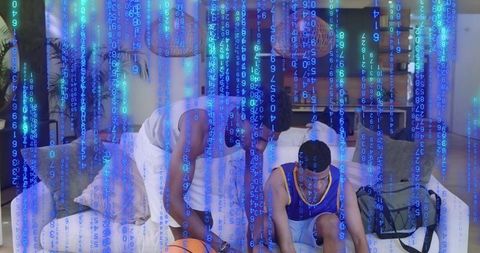 Basketball teammates discussing strategy on couch with orange ball and digital code overlay