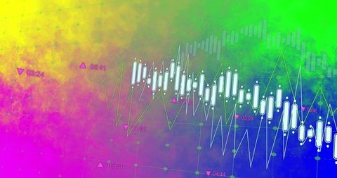 Displaying neon candlestick and line chart on vibrant color gradient for trading analytics