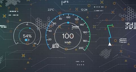 Futuristic digital dashboard with speedometer and navigational displays
