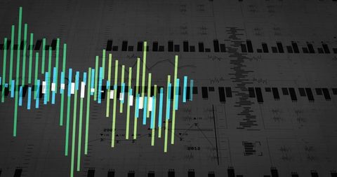 Colorful waveform pattern over data grid representation
