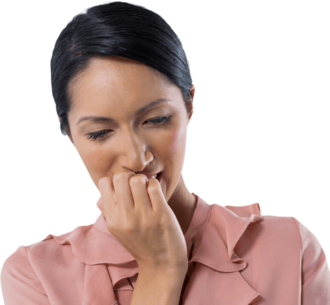 Pensive Asian Woman Gazing Down with Hand to Face Isolated on Transparent Background