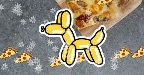 Playful balloon dog overhead with pizza and snowflakes