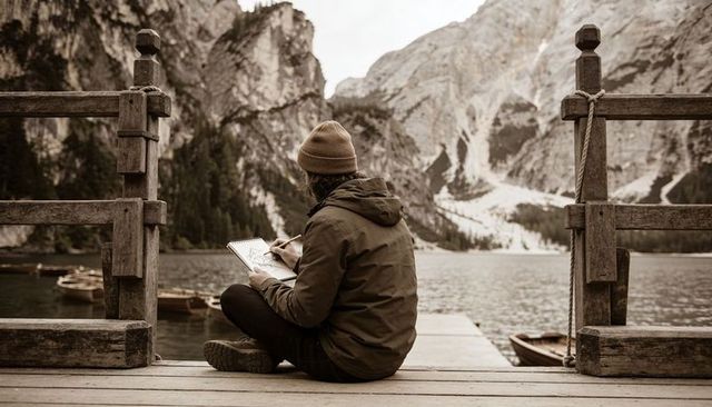 Solitary artist sketching on wooden dock at alpine lake with rowboats and mountain cliffs