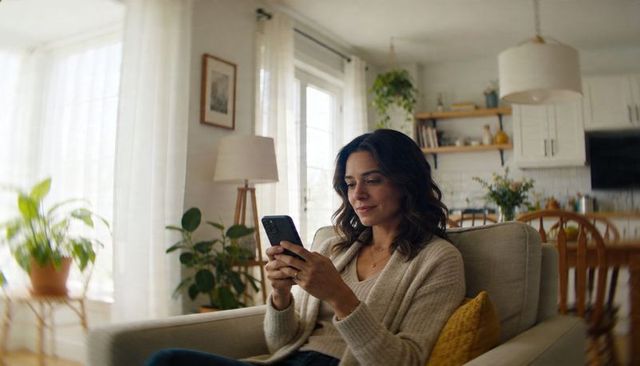 Woman scrolling smartphone on sofa in sunlit modern living room, cozy open-plan interior with plants