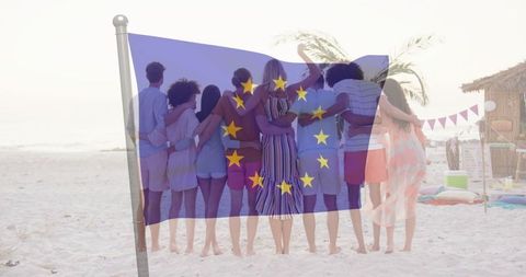 United Friends Embracing with European Union Flag on Beach