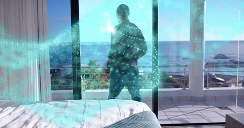Woman standing on balcony facing ocean sunrise with teal light overlay and coastal bedroom view