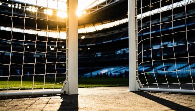 Golden-hour low-angle view through soccer goalposts with sun flare and empty stadium