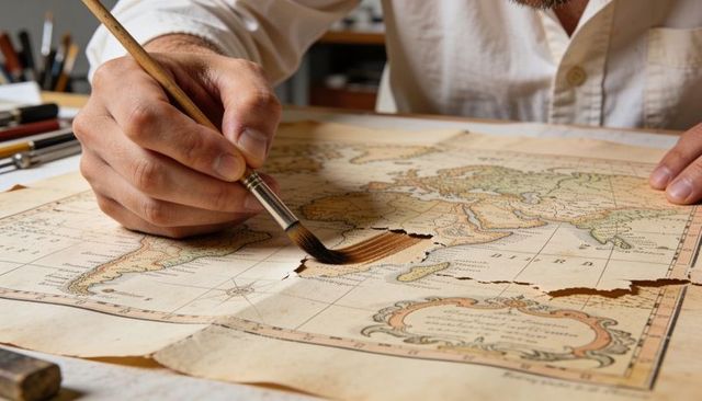 Conservator restoring antique world map with brush applying varnish