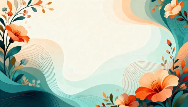 Coral floral frame with teal wave background and soft pale center for text and invitations