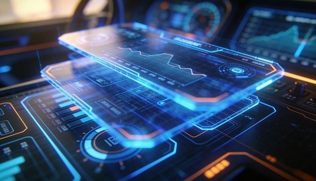 Futuristic Holographic Cockpit HUD with Stacked Neon Data Displays, Line Graphs, Gauges