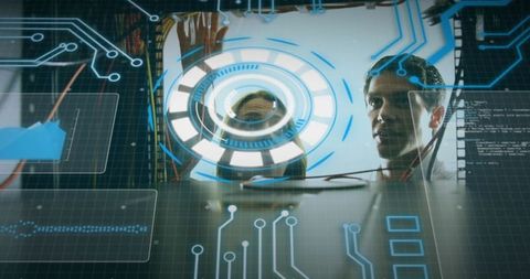 Man Analyzing Computer Wires with Digital Interface Elements - Download Free Stock Images Pikwizard.com