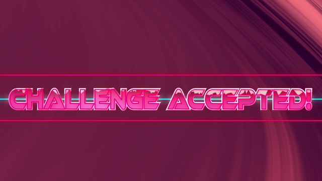 Futuristic 'Challenge Accepted' text banner with striking pink light trails creates an engaging atmosphere. Ideal for video games, motivational visuals, entertainment industry promotions, and tech-themed advertisements. Retro style appeals to nostalgic and modern audiences seeking vibrant and inspiring designs.