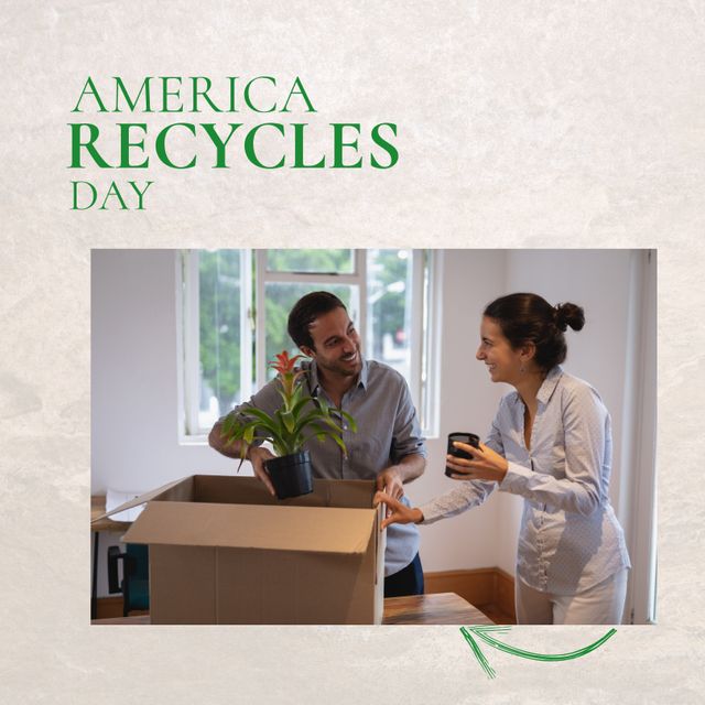 Composition of america recycles day text over caucasian couple with boxes at home. America recycles day and celebration concept digitally generated image.