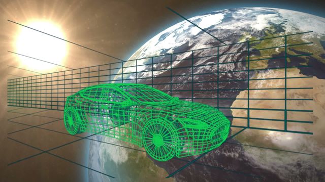 This futuristic image features a digital car design overlaying Earth with the Sun in the background. The green lines and grid illustrate advanced technology and innovation in the automotive industry. Suitable for use in articles or presentations about cutting-edge automotive design, technology advancements, and global transportation trends.