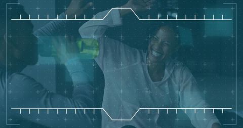 Digital Interface Overlay of Jovial Workout Break with Friends