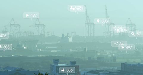 Social Media Data Analytics Overlaying Industrial Cityscape - Download Free Stock Images Pikwizard.com