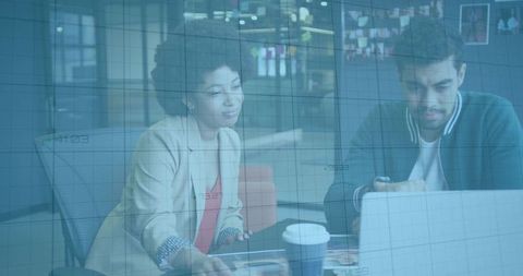 Collaborative Professionals Analyzing Data with Grid Overlay in Modern Workspace