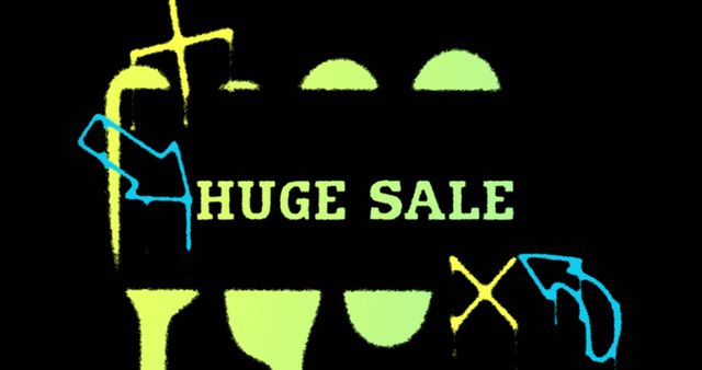 Image of huge sale text and shapes on black background. Social media and digital interface concept digitally generated image.