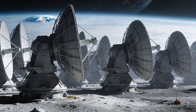 Scanning lunar radio telescope array rotating parabolic antennas with earthrise backdrop