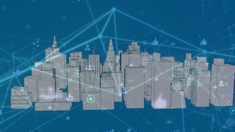 Futuristic Cityscape with Digital Network Overlay