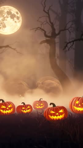 Moonlit Jack-o'-Lanterns Flickering Through Swirling Fog in Haunted Forest - Vertical Halloween Vide