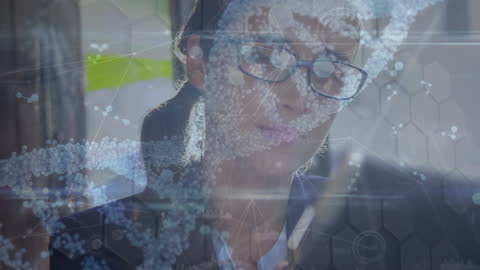 Scientist Studying DNA with Digital Connections Overlay