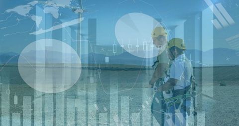 Digital data overlay on renewable energy and workers in wind farm