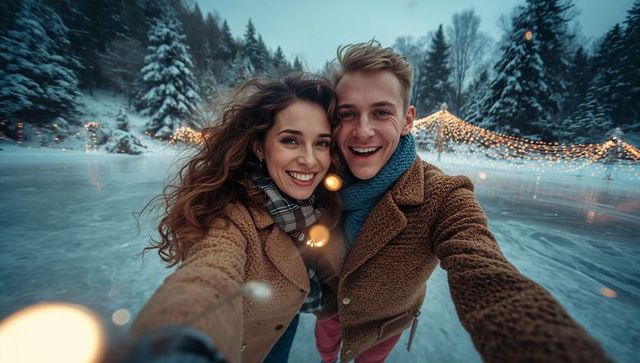 Happy Couple Taking Winter Selfie at Outdoor Ice Rink
