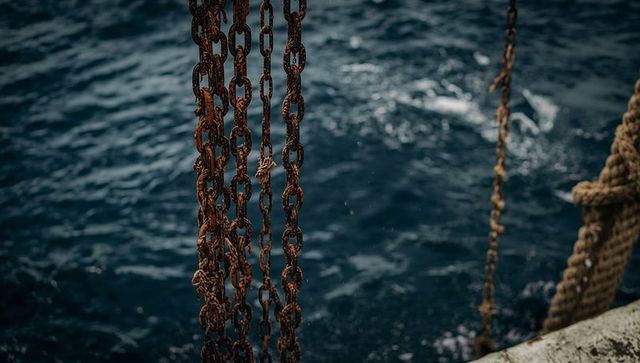 Heavy rusted chains hanging over moody deep sea beside frayed rope on weathered shipboard