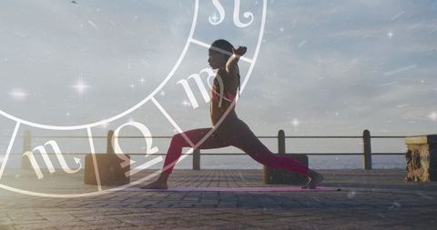 Woman Practicing Yoga on Waterfront with Horoscope Overlay