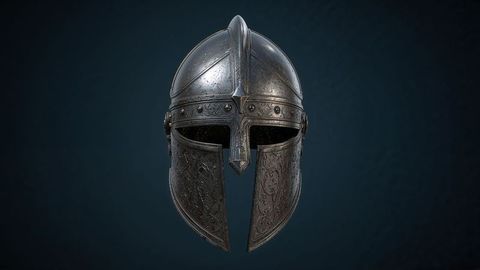 Medieval Steel Helmet with Etched Details and Nasal Guard