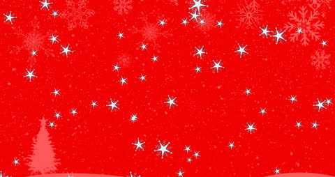 Festive Santa and Reindeer Silhouette on Red Background with Falling Snow