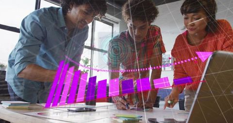 Young team collaborating over data visualization with neon magenta growth chart overlay