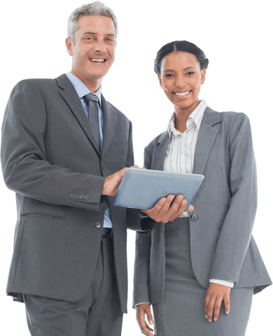 Transparent duo in suits using tablet for collaboration