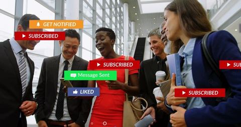 Diverse business team networking in modern atrium with notifications and social badges