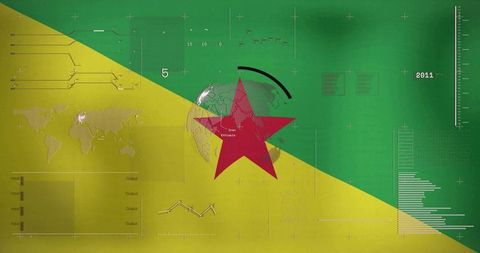 Red star overlaid on geospatial infographic diagonal green yellow background and charts