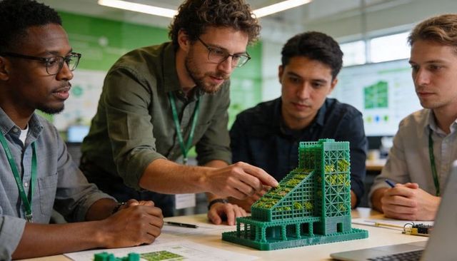 Engineering team collaborating on green vertical farm 3D-printed prototype model