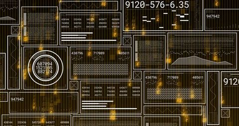 Tiled Data Dashboard Displaying Amber Analytics Panels and Circular Gauge Over Dark Striped Grid
