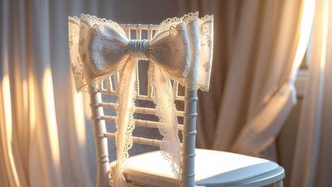 Elegant white chair adorned with ivory lace bow in sunlit room
