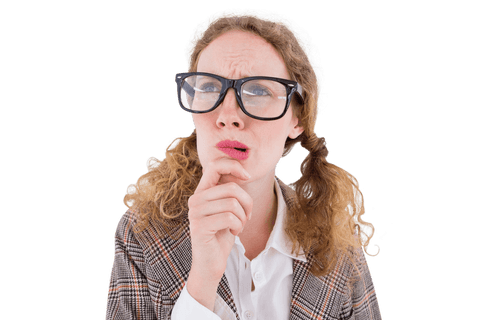 Transparent geeky woman thinking with retro glasses