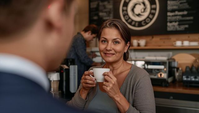 Hispanic Woman Sipping Coffee in Cozy Urban Cafe