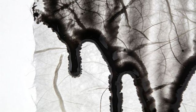 Dark ink spreading and arching drips on translucent fibrous sheet, high-contrast abstract
