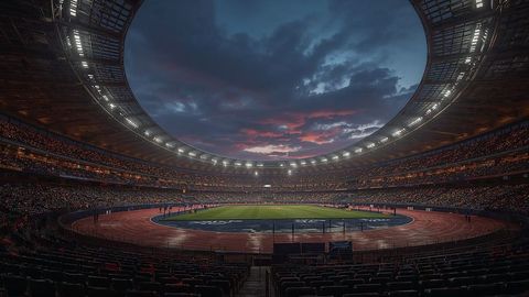 Spectators Gather in Vast Stadium for Twilight Sports Event